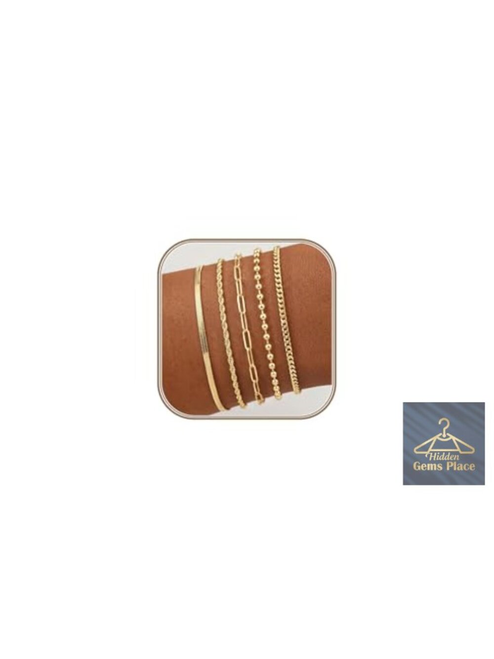 5-Piece 14K Gold Plated Bracelet Stack Set - Herringbone Paperclip Rope Bead